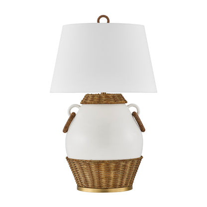 Savoy House Penelope 1-Light Table Lamp | Coastal White Ceramic and Rattan with White Linen Shade | Bedroom & Living Room Accent | 21 x 21 | Model 11-CD29
