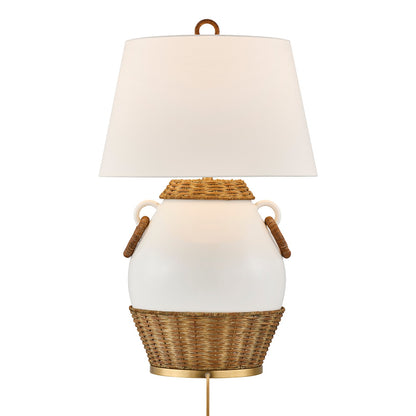 Savoy House Penelope 1-Light Table Lamp | Coastal White Ceramic and Rattan with White Linen Shade | Bedroom & Living Room Accent | 21 x 21 | Model 11-CD29