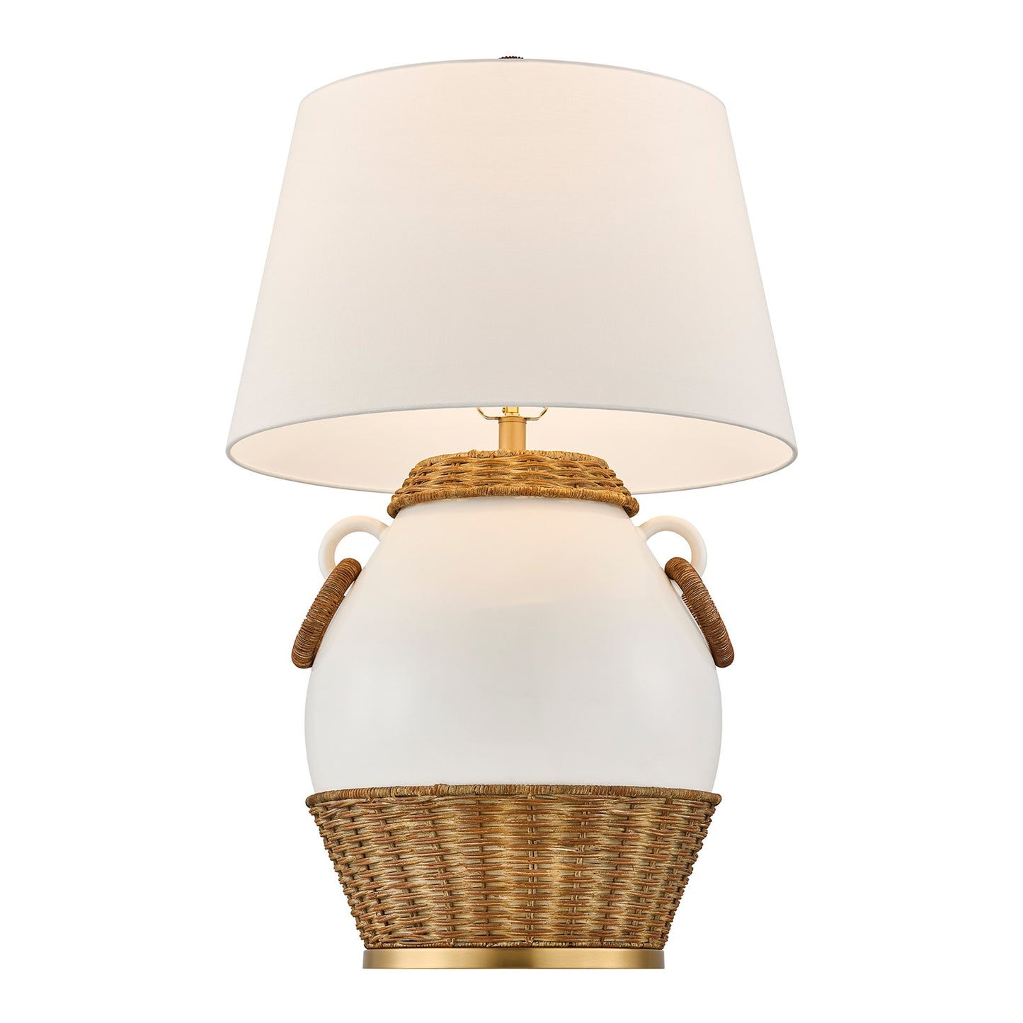 Savoy House Penelope 1-Light Table Lamp | Coastal White Ceramic and Rattan with White Linen Shade | Bedroom & Living Room Accent | 21 x 21 | Model 11-CD29