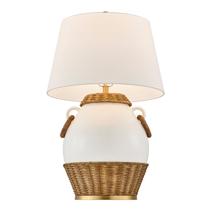 Savoy House Penelope 1-Light Table Lamp | Coastal White Ceramic and Rattan with White Linen Shade | Bedroom & Living Room Accent | 21 x 21 | Model 11-CD29