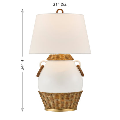 Savoy House Penelope 1-Light Table Lamp | Coastal White Ceramic and Rattan with White Linen Shade | Bedroom & Living Room Accent | 21 x 21 | Model 11-CD29