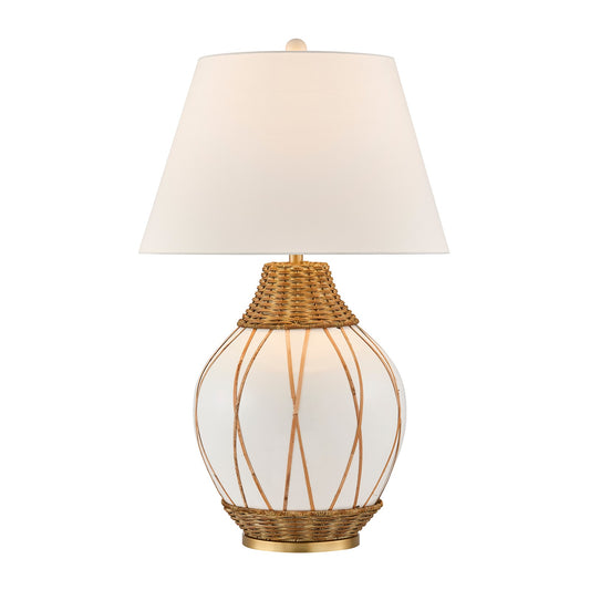 Savoy House Josephine 1-Light Table Lamp | Coastal White Ceramic and Rattan with White Linen Shade | Bedroom & Living Room Accent | 22 in | | Model 11-CD30