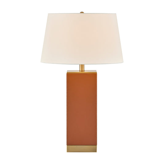 Savoy House Max 17in 1-Light Table Lamp | Modern Honey Brown Faux Leather and White Linen | Bedroom & Living Room | 17 x 17 x 27.88 in | Model 11-CD32-HB