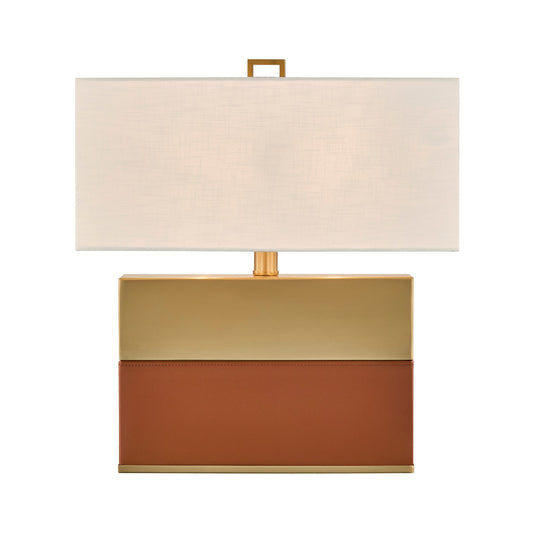 Savoy House Oliver 15.5in 1-Light Table Lamp | Modern Honey Brown Faux Leather and Warm Brass Metal with White Linen Shade | Bedside | Model 11-CD33-HBBR