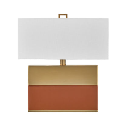 Savoy House Oliver 15.5in 1-Light Table Lamp | Modern Honey Brown Faux Leather and Warm Brass Metal with White Linen Shade | Bedside | Model 11-CD33-HBBR