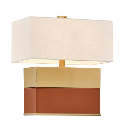 Savoy House Oliver 15.5in 1-Light Table Lamp | Modern Honey Brown Faux Leather and Warm Brass Metal with White Linen Shade | Bedside | Model 11-CD33-HBBR