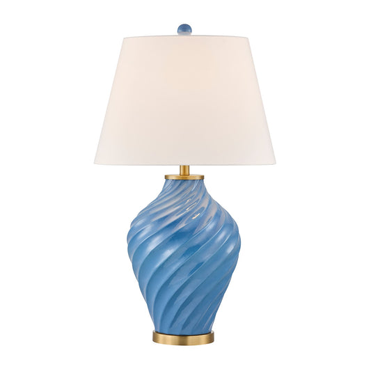 Savoy House Viola 19in 1-Light Table Lamp | Soft Modern Blue Ceramic with White Linen Shade and Warm Brass Accents | Living Room & | Model 11-CD34-BL