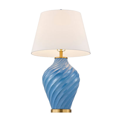 Savoy House Viola 19in 1-Light Table Lamp | Soft Modern Blue Ceramic with White Linen Shade and Warm Brass Accents | Living Room & | Model 11-CD34-BL