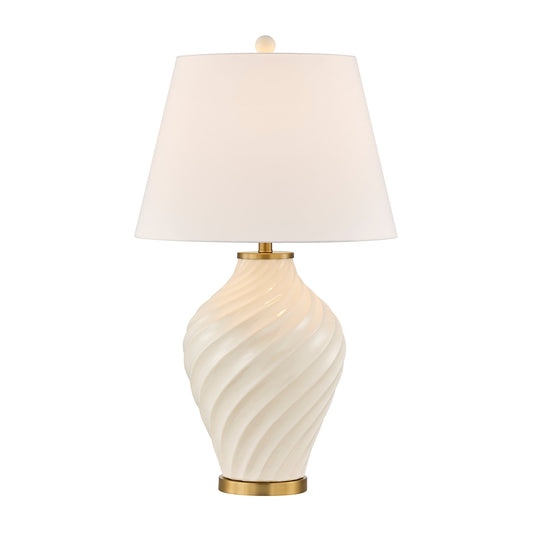 Savoy House Viola 19in 1-Light Table Lamp | Soft Modern White Ceramic with White Linen Shade and Warm Brass Accents | Living Room & | Model 11-CD34-WH
