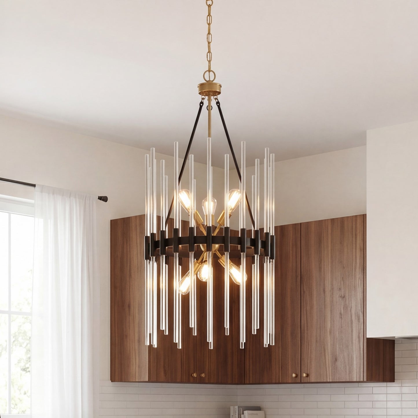 6 Light Pendant, Black/Brass