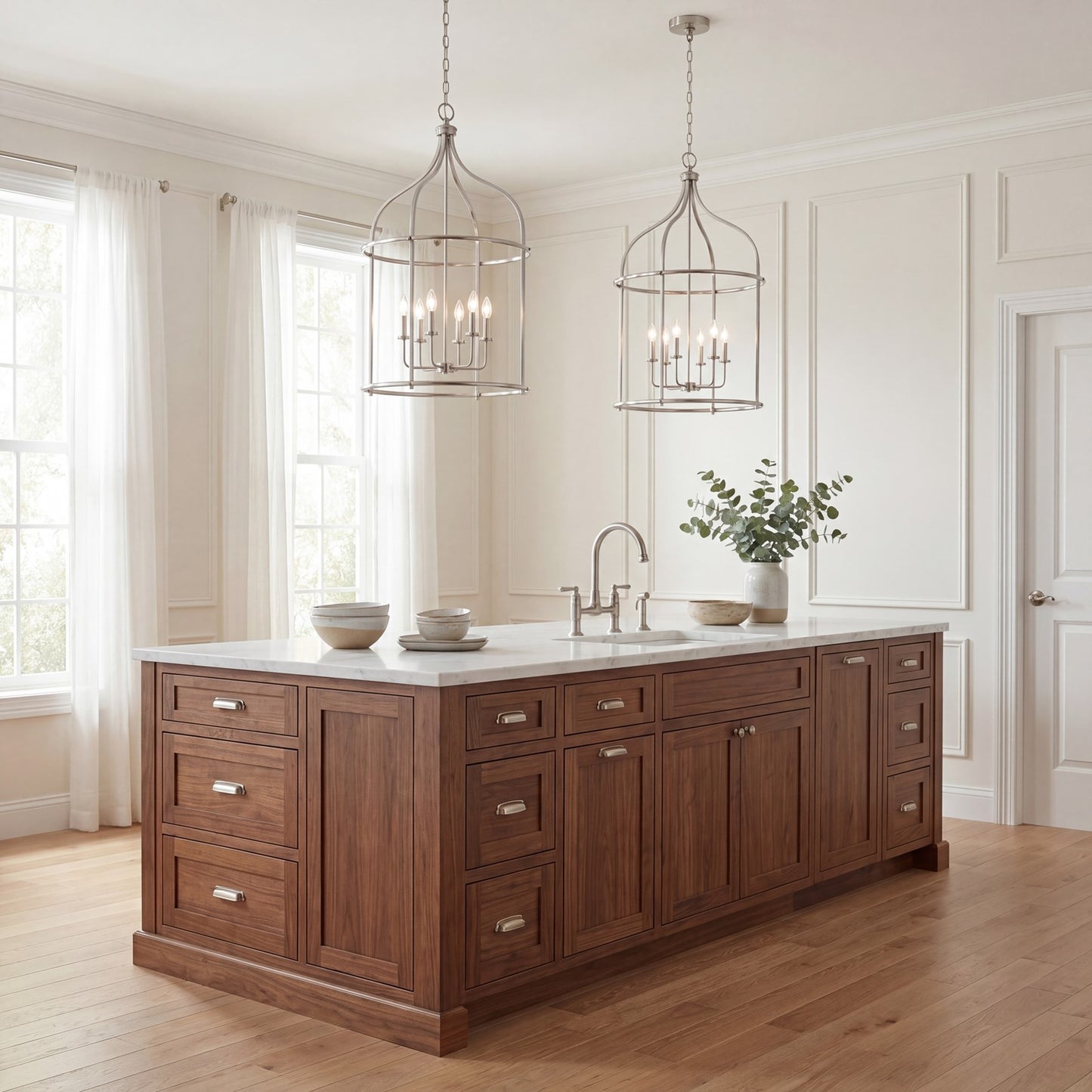 6 Light Pendant, Satin Nickel