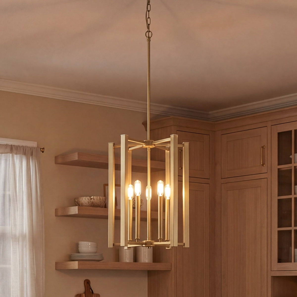 5 Light Pendant, Warm Brass