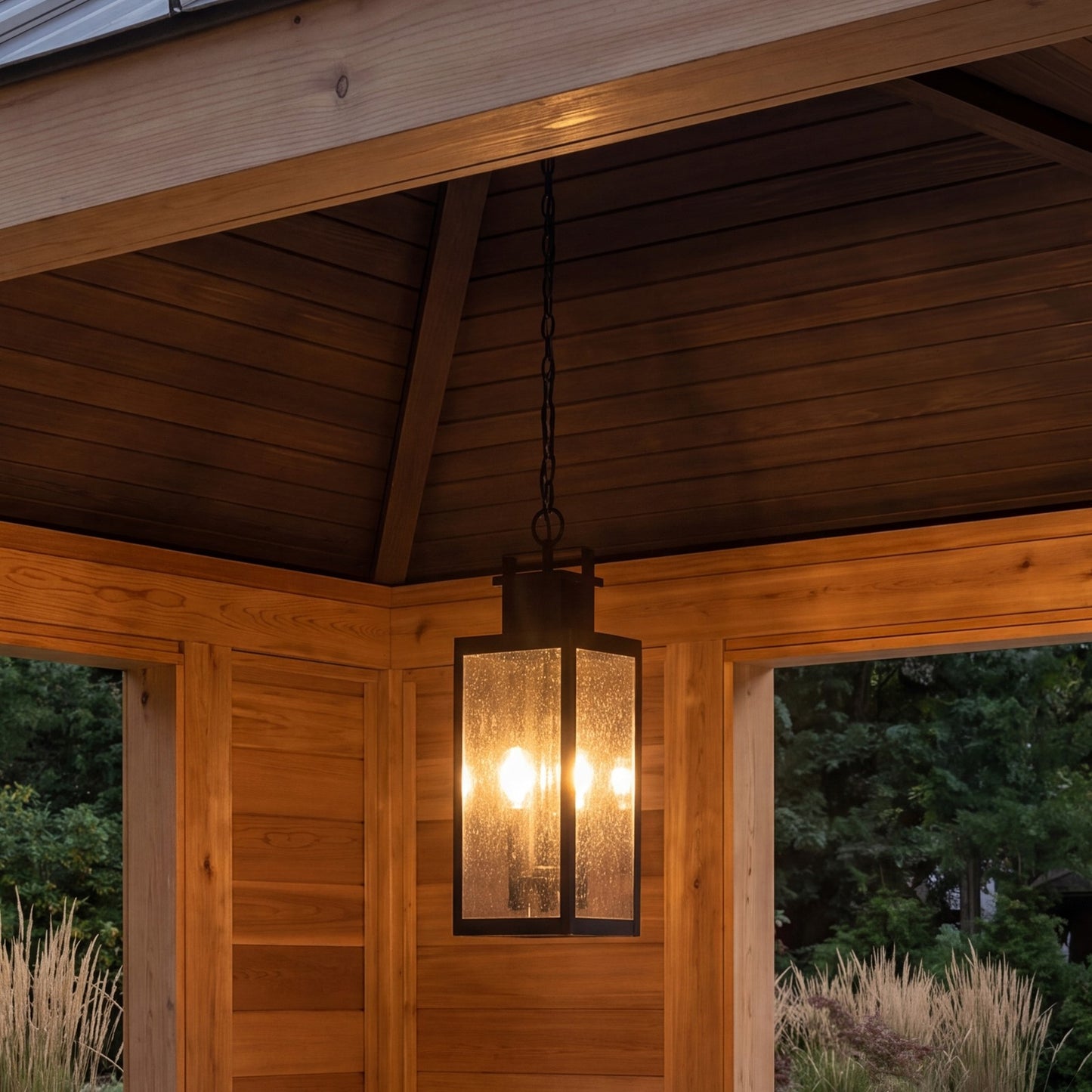 Savoy House Ascott 3Lt Outdoor Hanging Lantern, Black/Clear Seeded