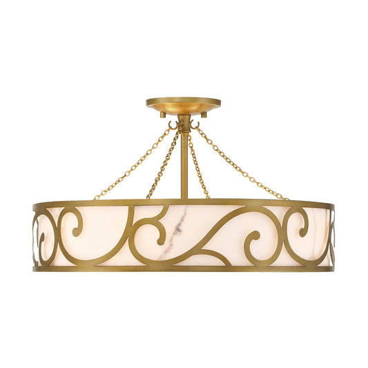 Savoy House Halstead 20.25in 6-Light Semi-Flush Mount | Art Deco Antique Patina Metal and Faux Alabaster | Entryway & Foyer | 20.25 | Model 6-1268-6-339