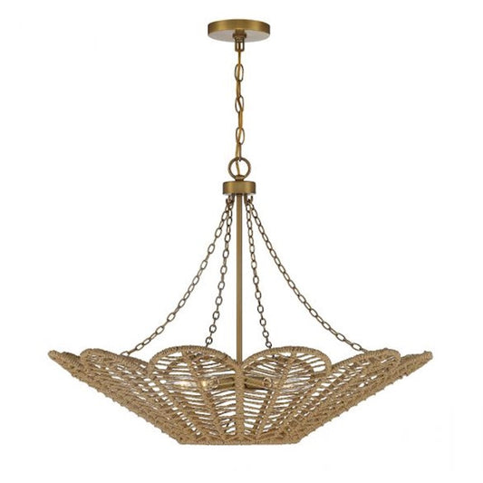 5 Light Pendant, Warm Brass/Rope