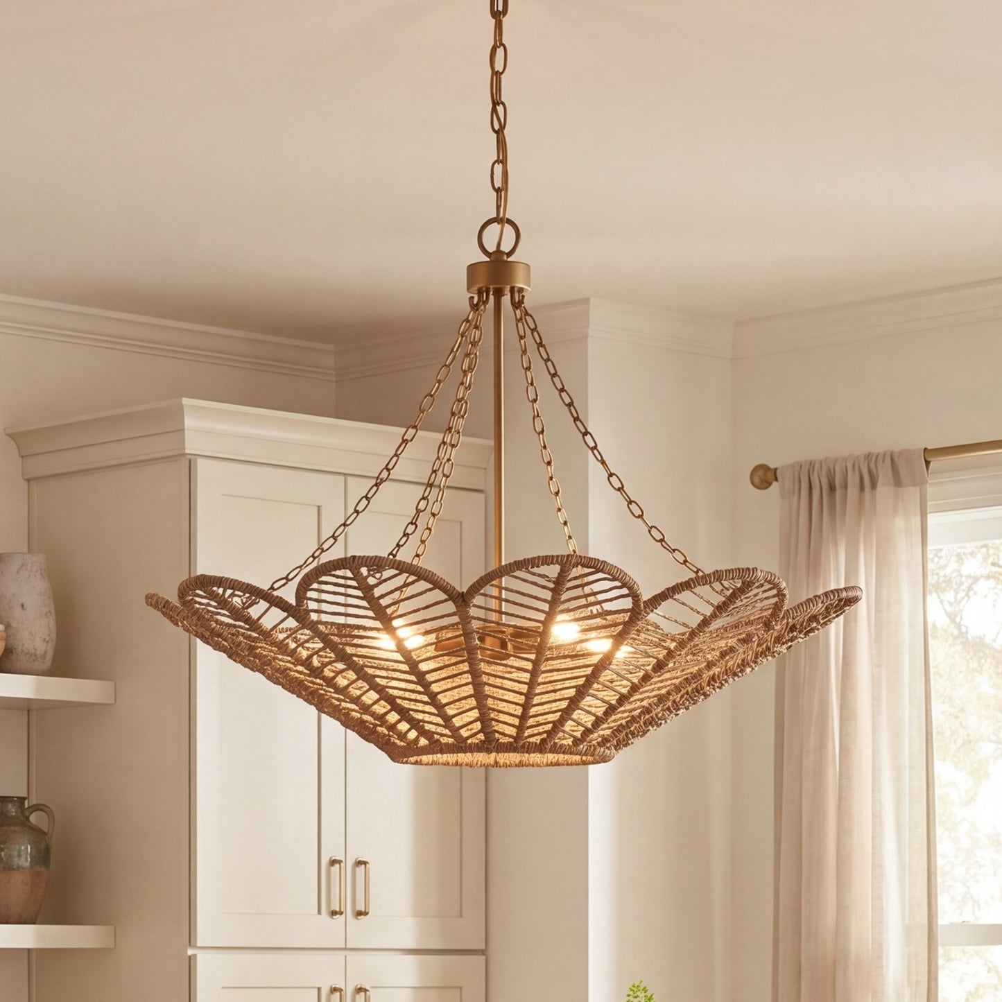 5 Light Pendant, Warm Brass/Rope