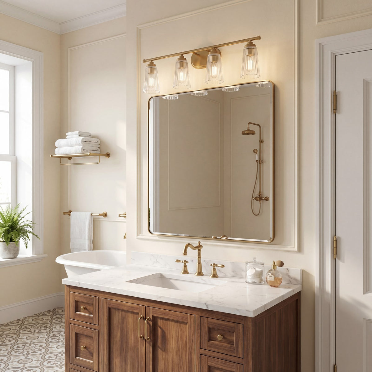 4 Light Bathroom Vanity Light, Warm Brass