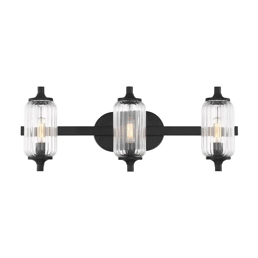 Savoy Essentials Holton 3 Light Bath, Matte Black/Clear Ribbed