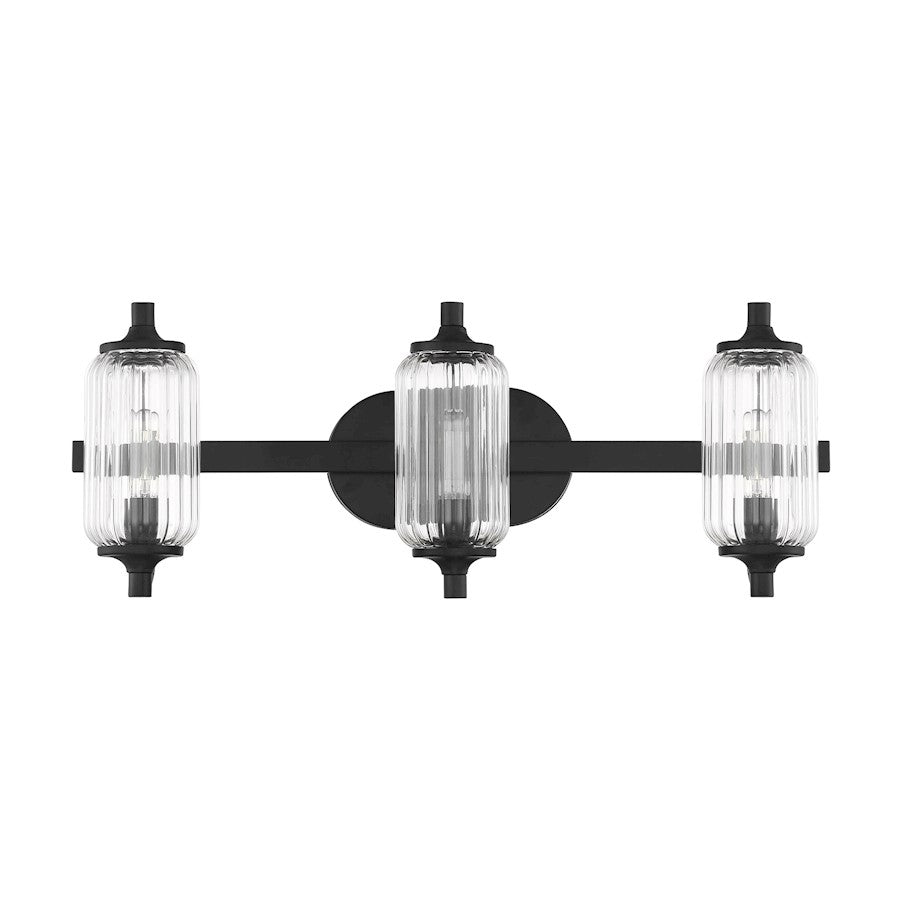 Savoy Essentials Holton 3 Light Bath, Matte Black/Clear Ribbed