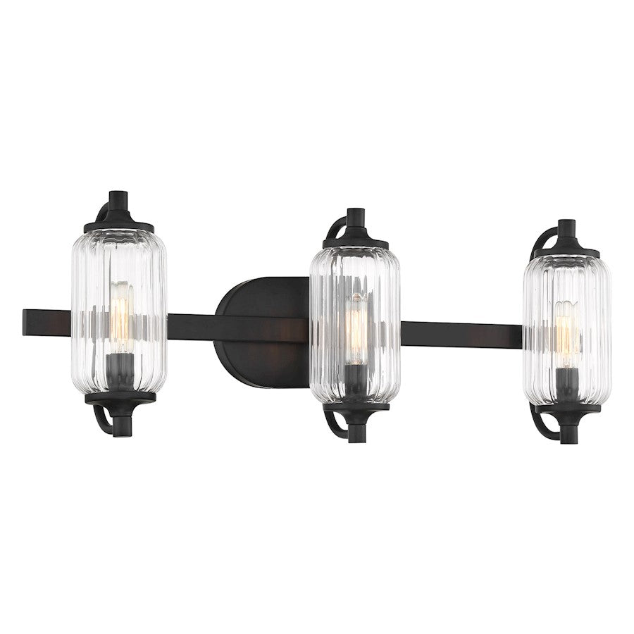 Savoy Essentials Holton 3 Light Bath, Matte Black/Clear Ribbed