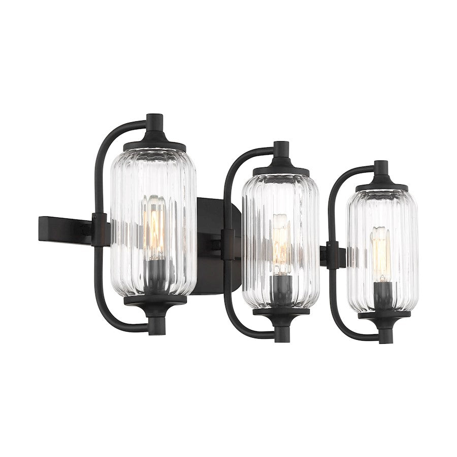 Savoy Essentials Holton 3 Light Bath, Matte Black/Clear Ribbed