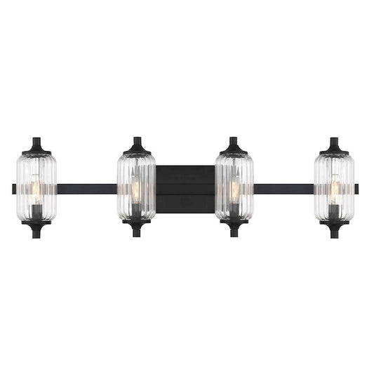 Savoy Essentials Holton 4 Light Bath, Matte Black/Clear Ribbed - 8-3024-4-BK