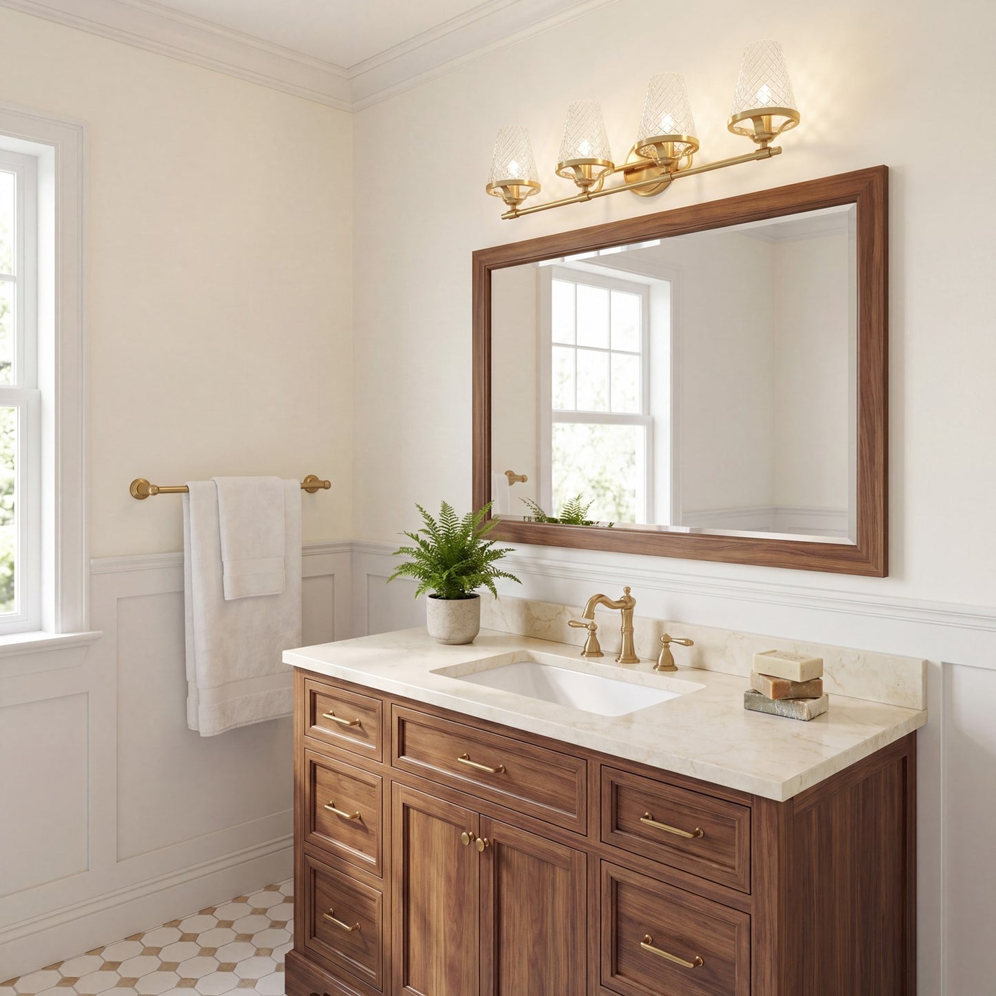 4 Light Bathroom Vanity Light, Warm Brass