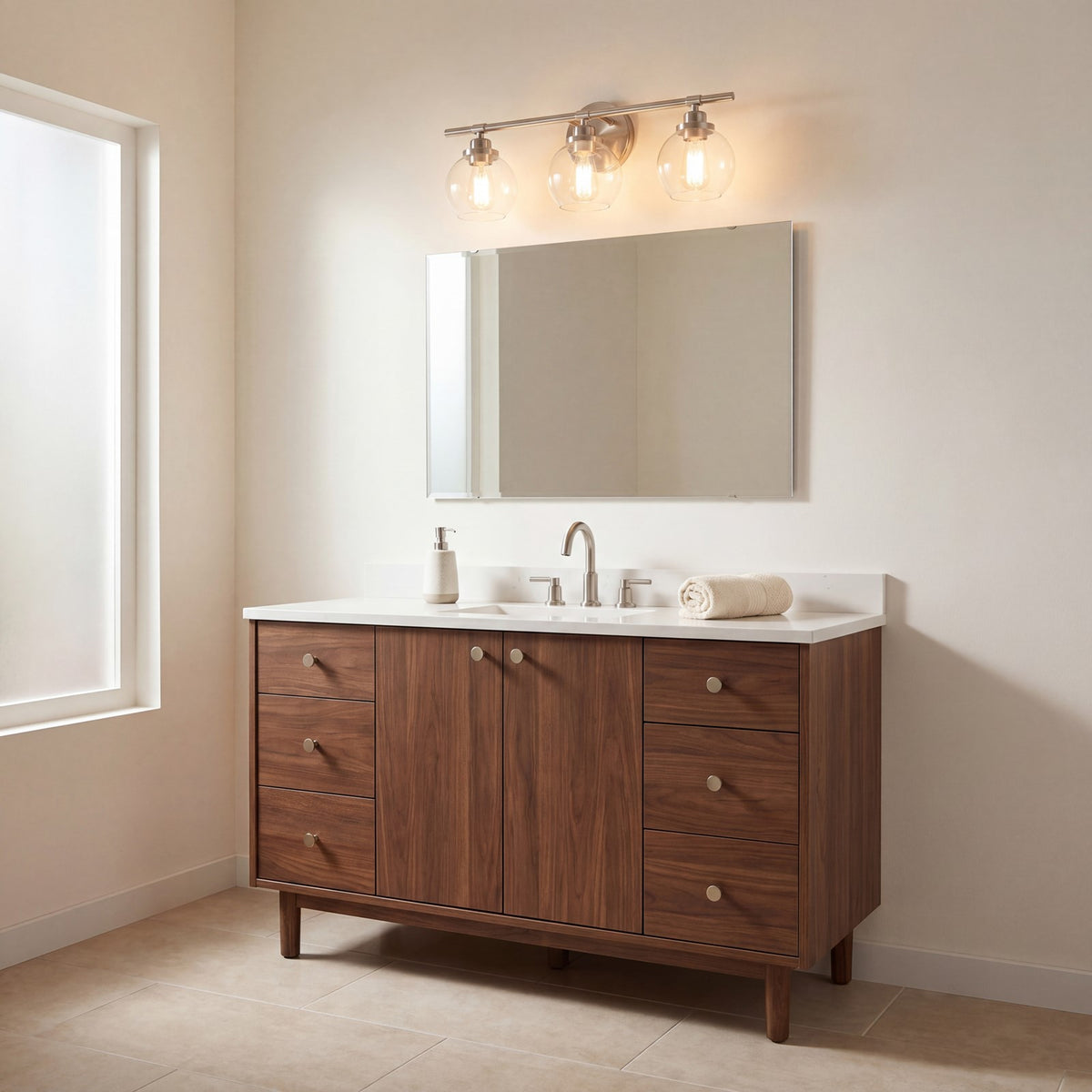 3 Light Bathroom Vanity Light, Satin Nickel