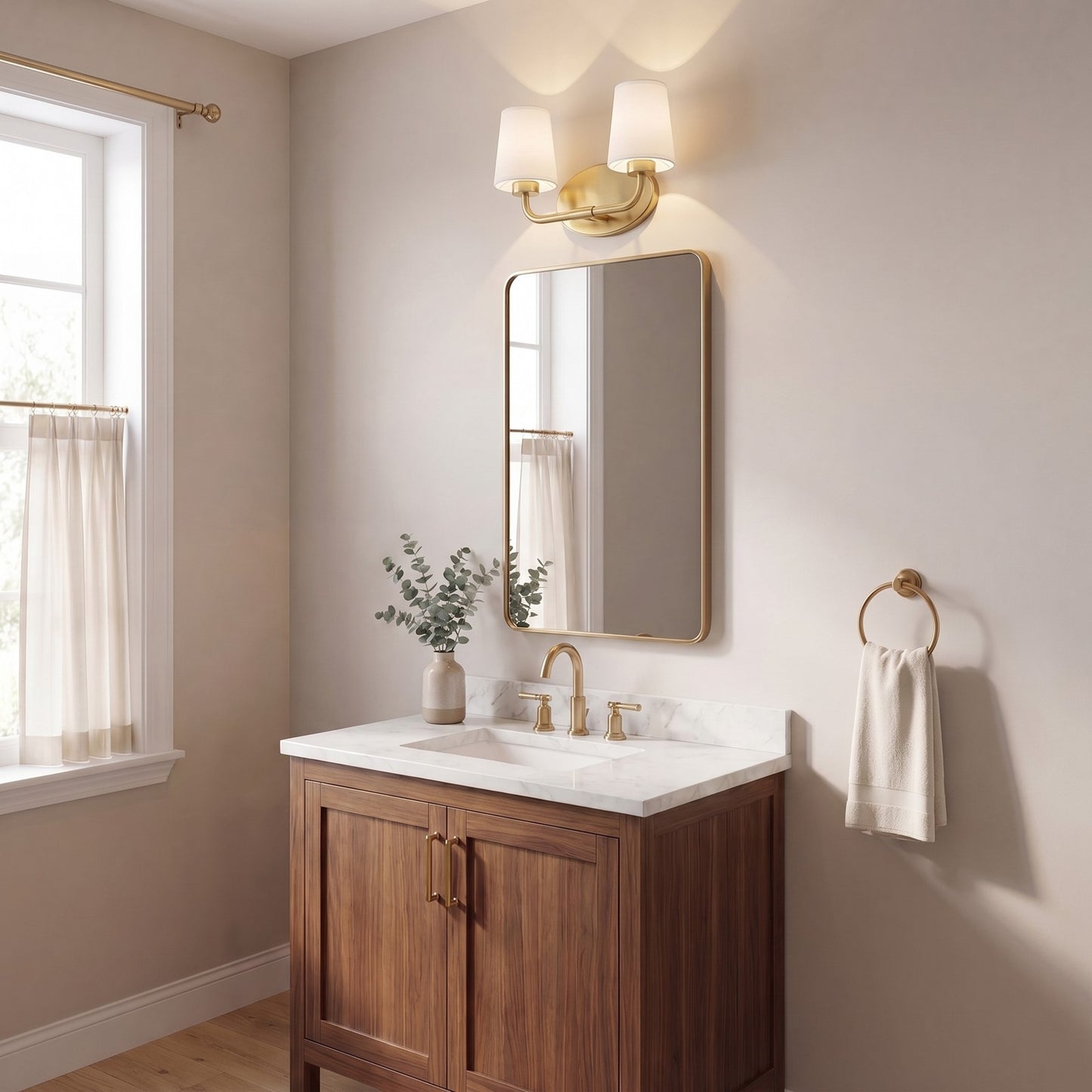 2 Light Bathroom Vanity Light, Warm Brass