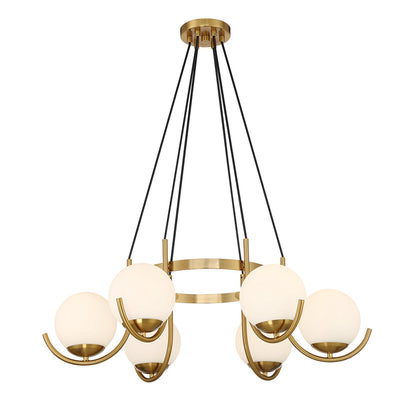 Savoy House Abella 31in 6-Light Chandelier | Mid-Century Modern Warm Brass and Opal Etched White Glass | Dining Room & Foyer | Model L1-1345-6-322