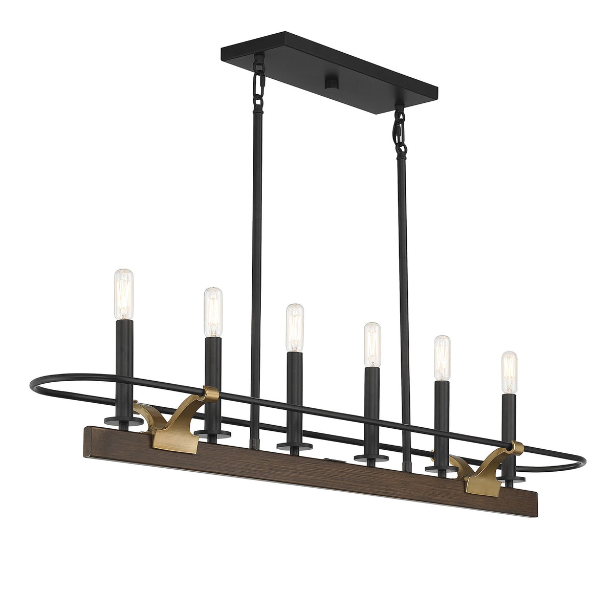 Savoy House Icarus 42in 6-Light Linear Chandelier | Tailored Burnished Brass and Walnut Metal | Kitchen Island & Dining Room | Model L1-2933-6-170
