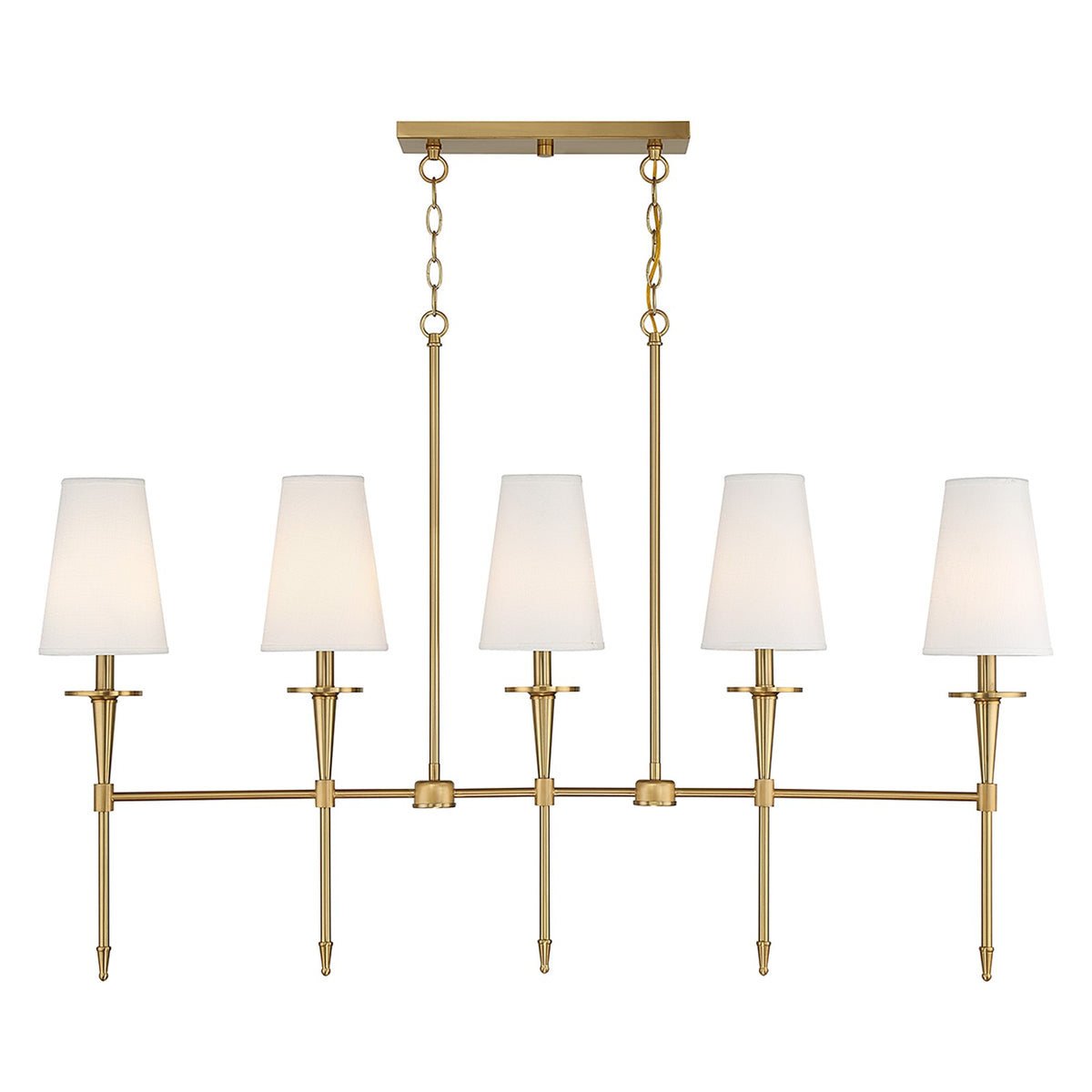 Savoy House Trundle 48in 5-Light Linear Chandelier | Neo-Traditional Warm Brass and White Linen | Kitchen Island & Dining Room | Model L1-5609-5-322