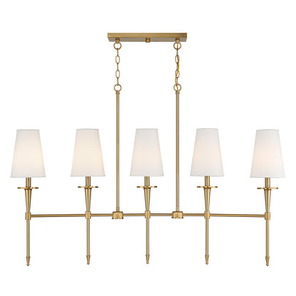 Savoy House Trundle 48in 5-Light Linear Chandelier | Neo-Traditional Warm Brass and White Linen | Kitchen Island & Dining Room | Model L1-5609-5-322
