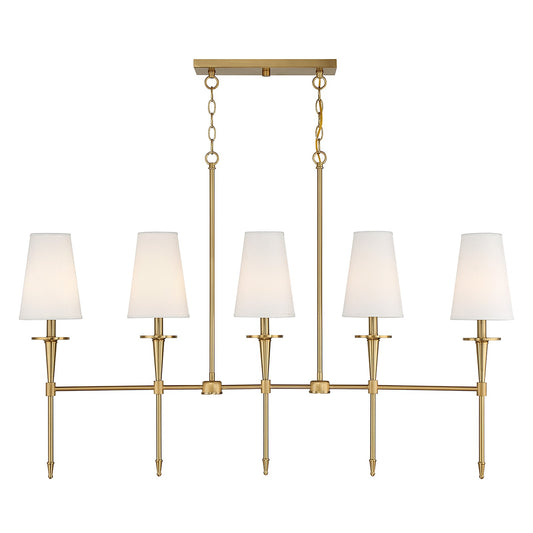 Savoy House Trundle 48in 5-Light Linear Chandelier | Neo-Traditional Warm Brass and White Linen | Kitchen Island & Dining Room | Model L1-5609-5-322