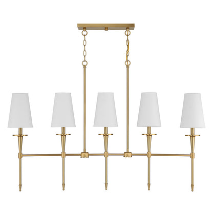 Savoy House Trundle 48in 5-Light Linear Chandelier | Neo-Traditional Warm Brass and White Linen | Kitchen Island & Dining Room | Model L1-5609-5-322