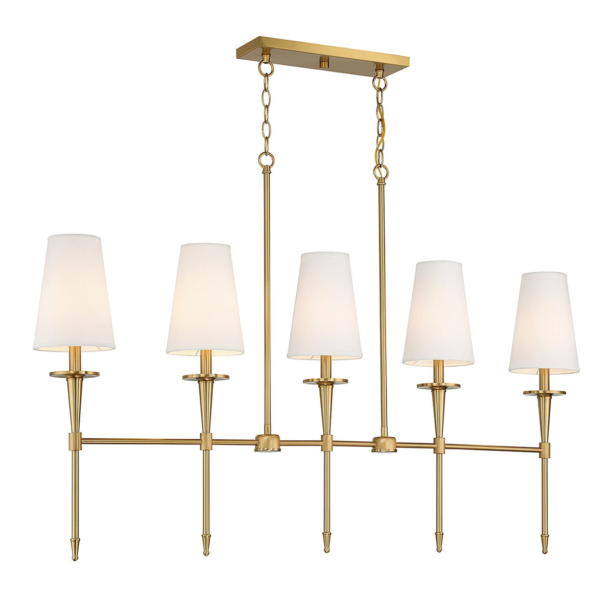 Savoy House Trundle 48in 5-Light Linear Chandelier | Neo-Traditional Warm Brass and White Linen | Kitchen Island & Dining Room | Model L1-5609-5-322
