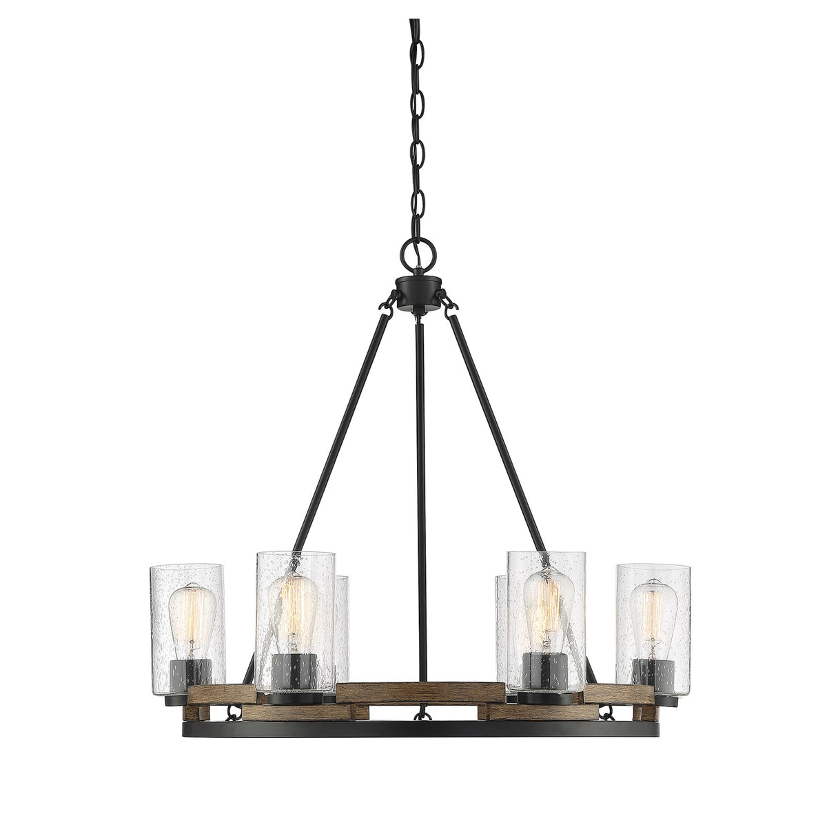 Savoy House Lynwood 28in 6-Light Chandelier | Rustic Lodge Wood-Look and Clear Seeded Glass | Dining Room & Foyer | Model L1-7600-6-185