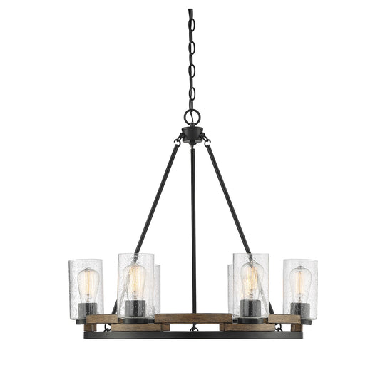 Savoy House Lynwood 28in 6-Light Chandelier | Rustic Lodge Wood-Look and Clear Seeded Glass | Dining Room & Foyer | Model L1-7600-6-185