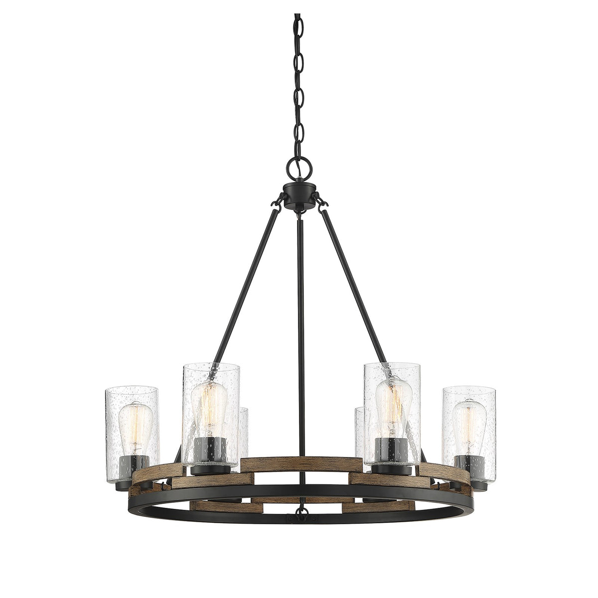 Savoy House Lynwood 28in 6-Light Chandelier | Rustic Lodge Wood-Look and Clear Seeded Glass | Dining Room & Foyer | Model L1-7600-6-185