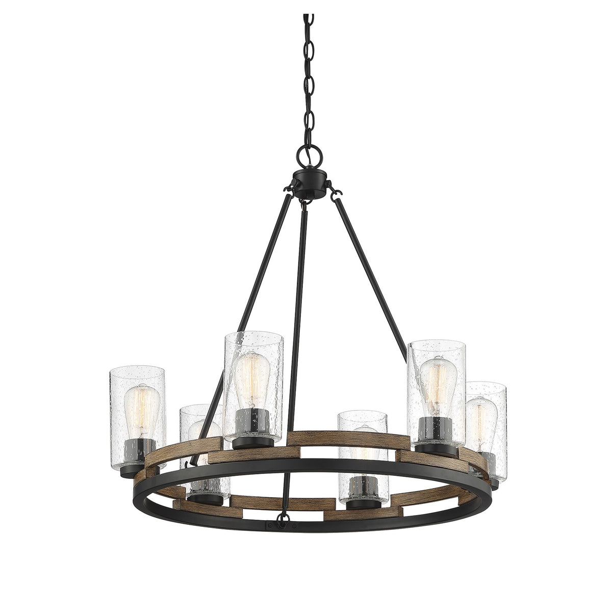 Savoy House Lynwood 28in 6-Light Chandelier | Rustic Lodge Wood-Look and Clear Seeded Glass | Dining Room & Foyer | Model L1-7600-6-185