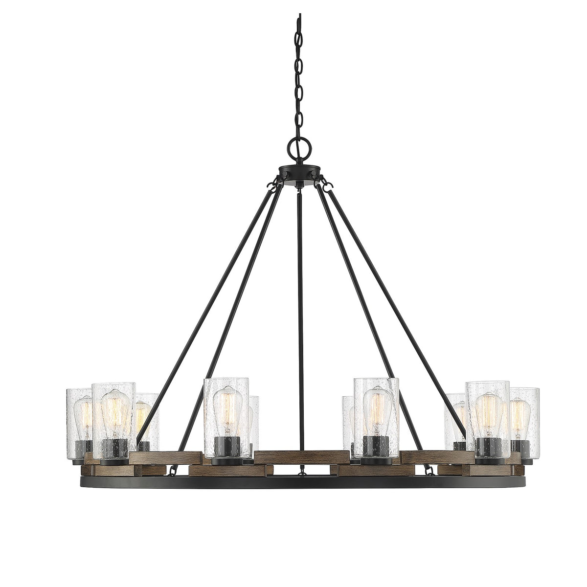 Savoy House Lynwood 45in 10-Light Chandelier | Rustic Lodge Wood-Look and Clear Seeded Glass | Dining Room & Foyer | Model L1-7602-10-185
