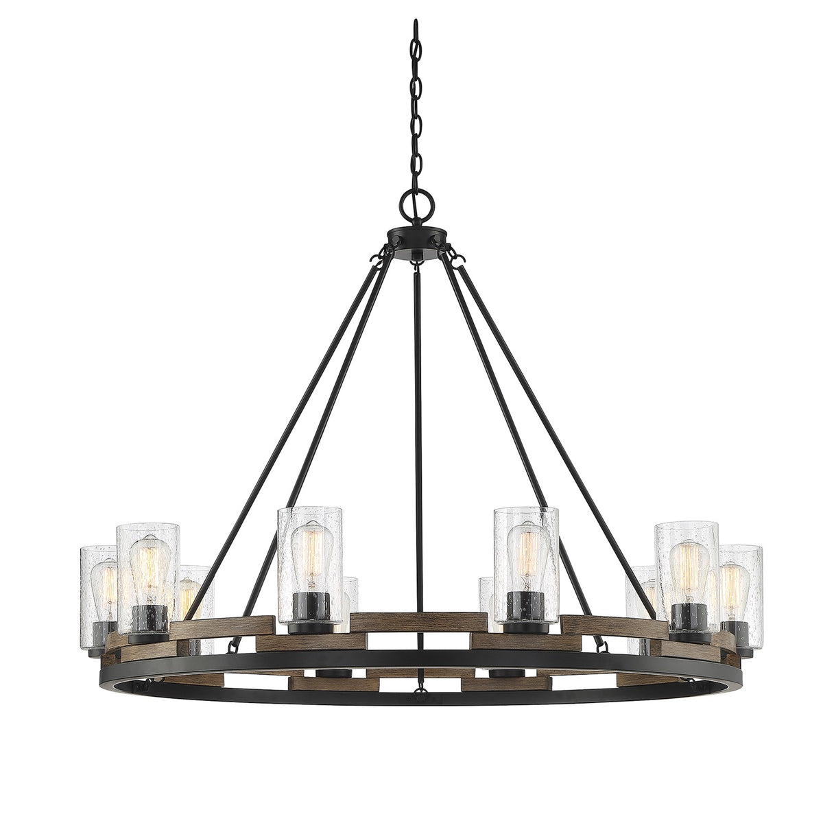 Savoy House Lynwood 45in 10-Light Chandelier | Rustic Lodge Wood-Look and Clear Seeded Glass | Dining Room & Foyer | Model L1-7602-10-185