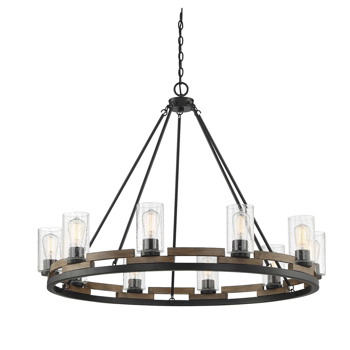 Savoy House Lynwood 45in 10-Light Chandelier | Rustic Lodge Wood-Look and Clear Seeded Glass | Dining Room & Foyer | Model L1-7602-10-185