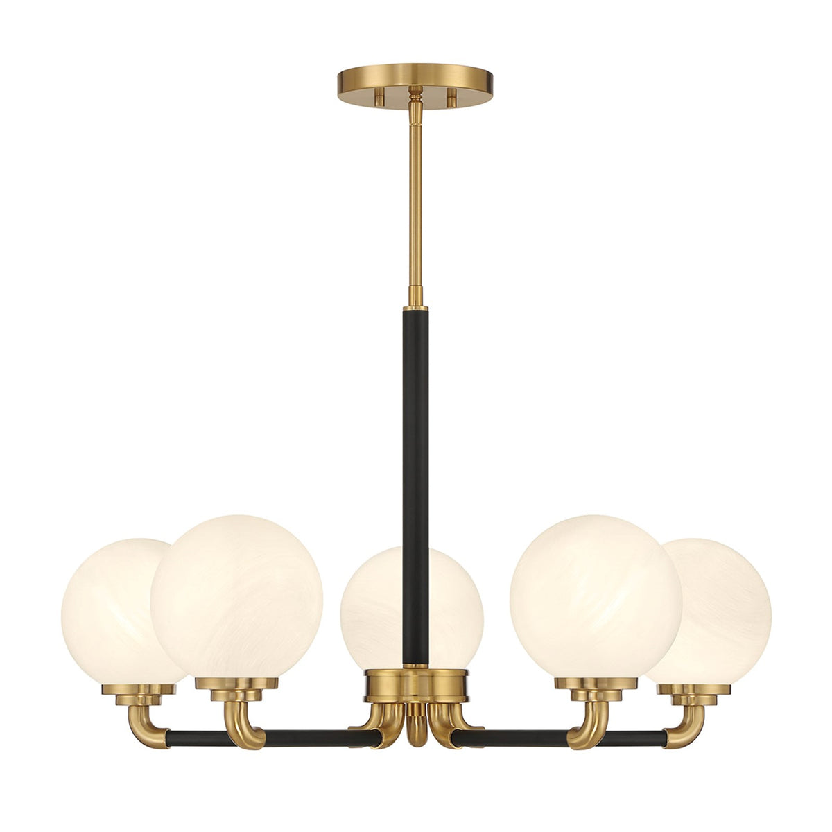 Savoy House Dresden 27in 5-Light Chandelier | Vintage Mid-Century Modern Matte Black and Warm Brass with White Strie Glass | Model L1-9605-5-143