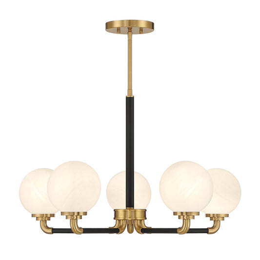 Savoy House Dresden 27in 5-Light Chandelier | Vintage Mid-Century Modern Matte Black and Warm Brass with White Strie Glass | Model L1-9605-5-143
