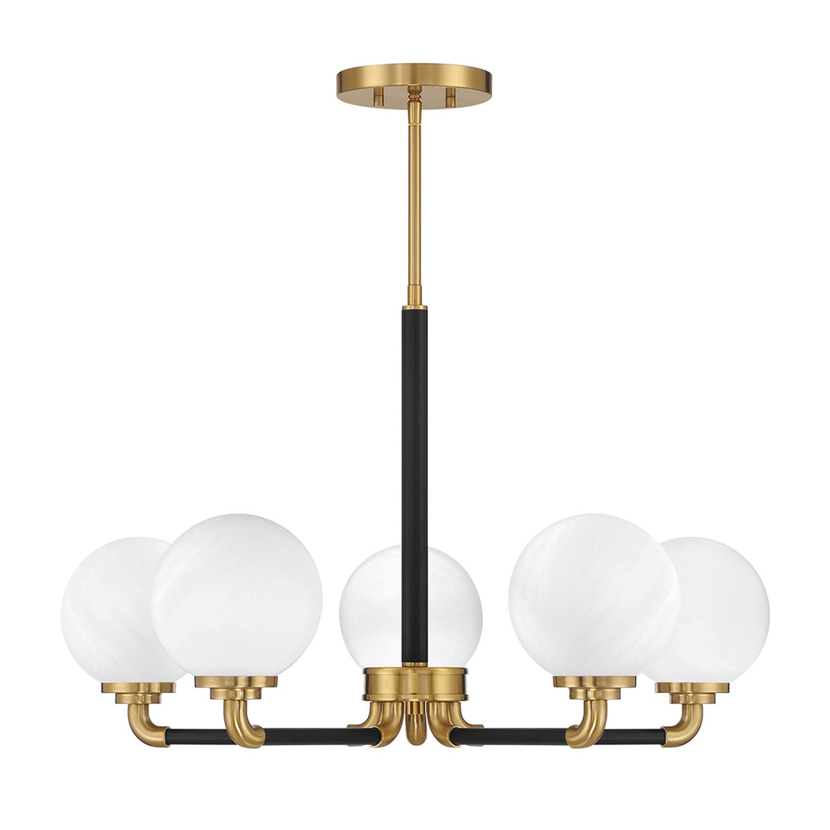 Savoy House Dresden 27in 5-Light Chandelier | Vintage Mid-Century Modern Matte Black and Warm Brass with White Strie Glass | Model L1-9605-5-143