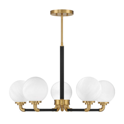 Savoy House Dresden 27in 5-Light Chandelier | Vintage Mid-Century Modern Matte Black and Warm Brass with White Strie Glass | Model L1-9605-5-143