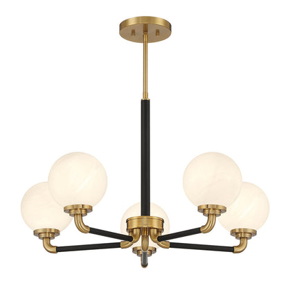 Savoy House Dresden 27in 5-Light Chandelier | Vintage Mid-Century Modern Matte Black and Warm Brass with White Strie Glass | Model L1-9605-5-143