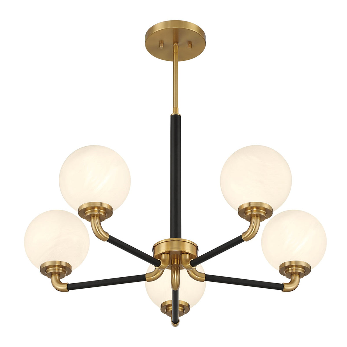 Savoy House Dresden 27in 5-Light Chandelier | Vintage Mid-Century Modern Matte Black and Warm Brass with White Strie Glass | Model L1-9605-5-143