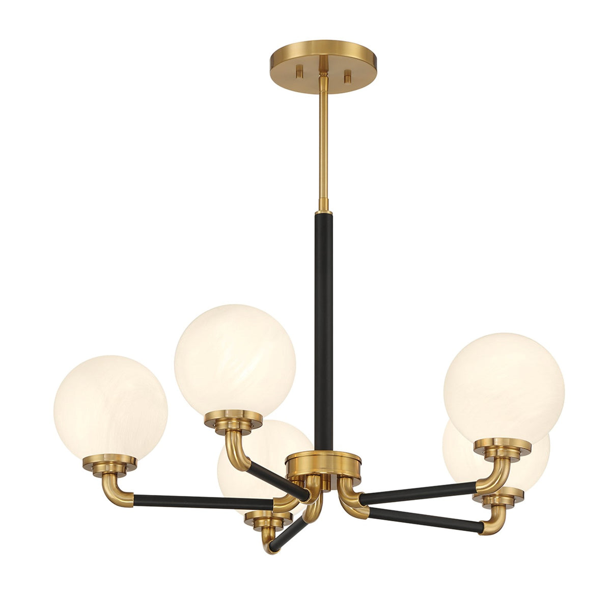 Savoy House Dresden 27in 5-Light Chandelier | Vintage Mid-Century Modern Matte Black and Warm Brass with White Strie Glass | Model L1-9605-5-143